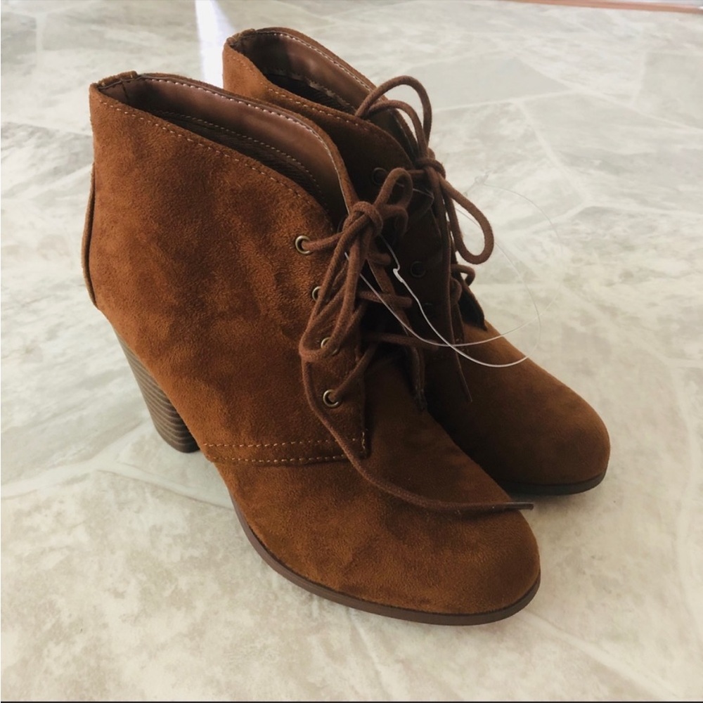 Brown faux suede lace up heeled ankle booties